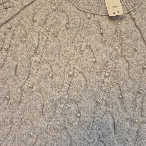 NWT Aerie Women's Grey UnReal Cable Knit Pearl Crewneck Sweater Size XXS-XL - Picture 4 of 6